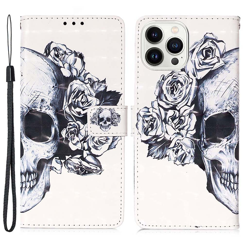 YB Pattern Printing Leather Series-2 for iPhone 15 Pro Max Wallet Phone Case 3D Pattern Printed Stand Cover - Skull YB Pattern Printing Leather Series-2 for iPhone 15 Pro Max Wallet Phone Case 3D Pattern Printed Stand Cover - Skull